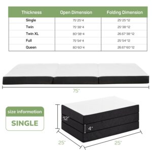 4 Inch Folding Mattress Single Size, Foldable Floor Memory Foam Mattress, Portable Camping Mattress, CertiPUR-US Certified Collapsible Bed Mattress Pad