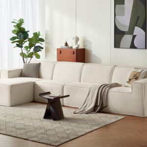 LINSY HOME Oversized Deep Modular Sectional Sofa, Cloud Couch L Shaped 4-Seat Sofa with Ottoman, Corduroy Sectional Couches for Living Room, No Assembly Required, Beige