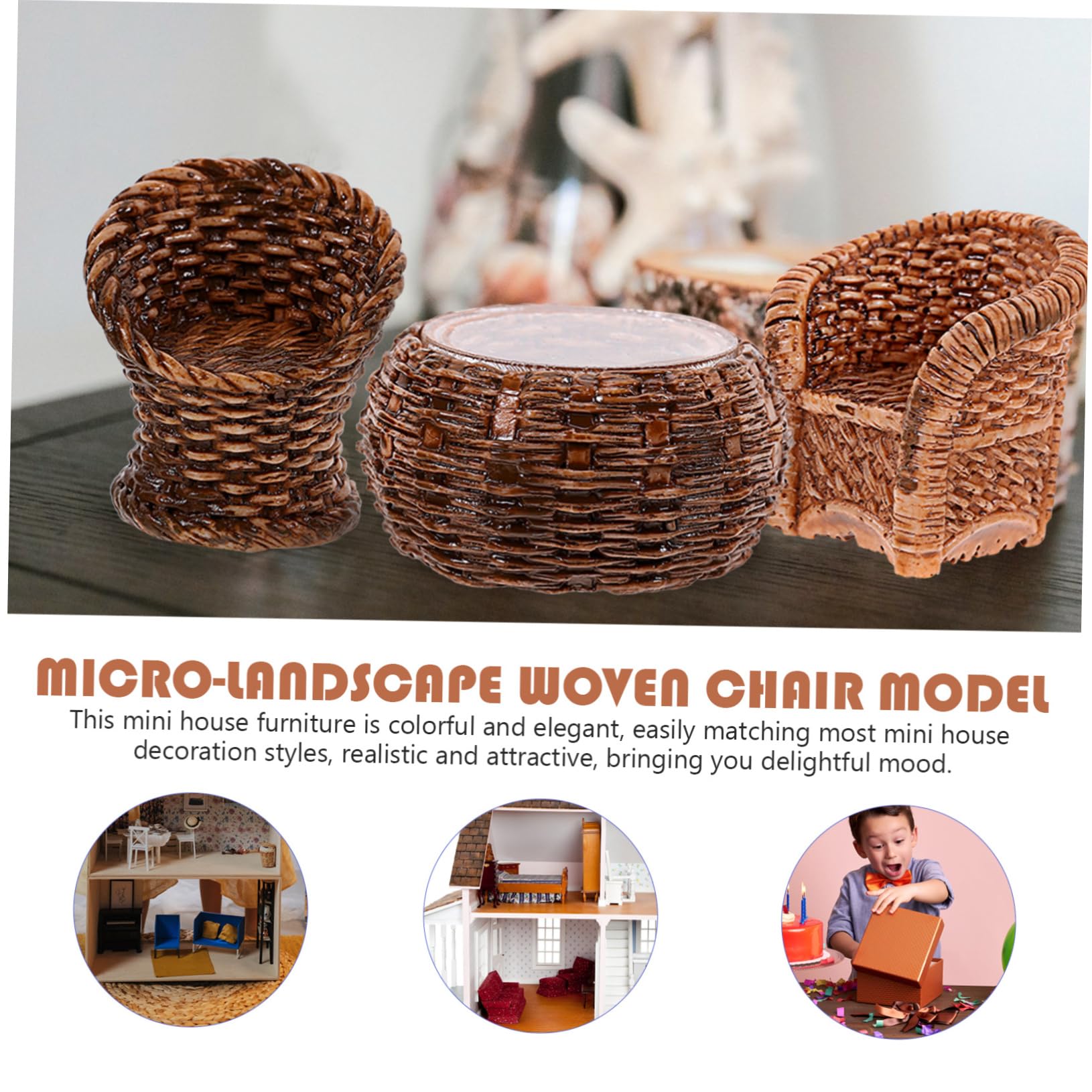 BESTonZON 1 Set Mini Garden Decor Mini Woven Chair Light Brown Doll House Supplies Doll House Resin