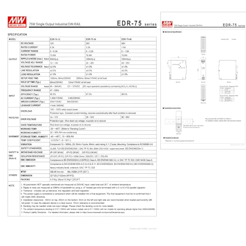 DineDeck EDR-75-48 48V 1.6A 76.8W Industrial DIN Rail Power Supply, High Efficiency 88.5%, UL 508 Certified, for Factory Automation, Semiconductor Equipment, Industrial Control Systems, Mechatronics