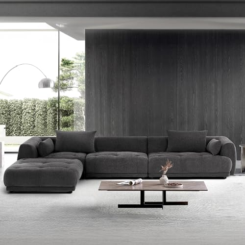 COLAMY 144" Cloud Sectional Couch with Ottoman,Modular Sectional Sofa with 3 Large Seat and 1 Movable Ottoman for Living Room,DIY Combination, Chenille, Gray