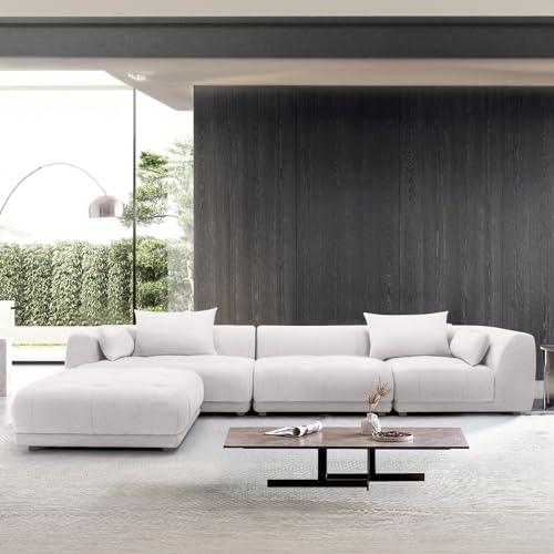 COLAMY 144" Cloud Sectional Couch with Ottoman,Modular Sectional Sofa with 3 Large Seat and 1 Movable Ottoman for Living Room,DIY Combination, Chenille, Beige