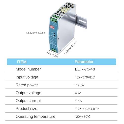 DineDeck EDR-75-48 48V 1.6A 76.8W Industrial DIN Rail Power Supply, High Efficiency 88.5%, UL 508 Certified, for Factory Automation, Semiconductor Equipment, Industrial Control Systems, Mechatronics