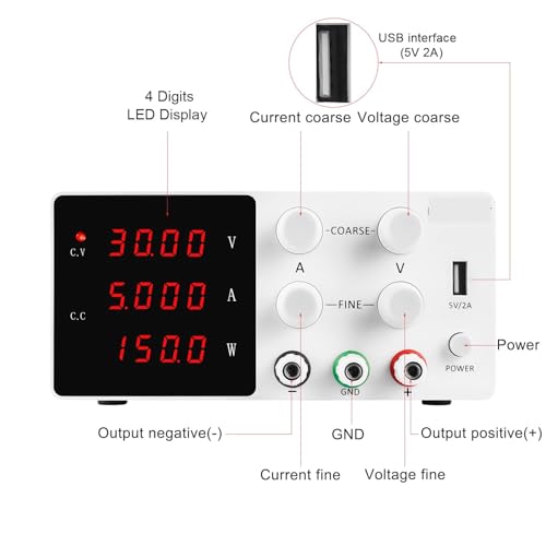 DC Power Supply, SPS-W305, 30V 5A, Precision Digital Adjustable Laboratory Mini Power Source, USB Charge Interface