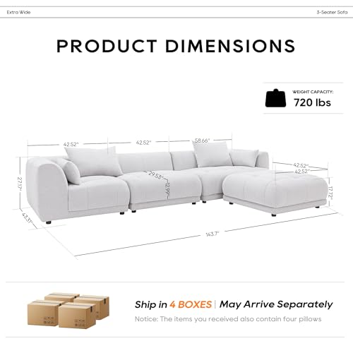 COLAMY 144" Cloud Sectional Couch with Ottoman,Modular Sectional Sofa with 3 Large Seat and 1 Movable Ottoman for Living Room,DIY Combination, Chenille, Beige