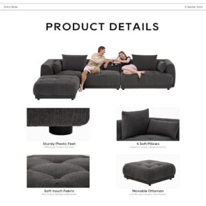 COLAMY 144" Cloud Sectional Couch with Ottoman,Modular Sectional Sofa with 3 Large Seat and 1 Movable Ottoman for Living Room,DIY Combination, Chenille, Gray