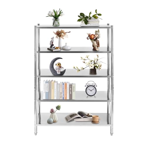 YUMIONB Stainless Steel Shelving, 5 Tier Floor Standing Stainless Steel Shelving Stainless Steel Heavy Duty Shelving Commercial Shelving with Adjustable Hight for Home, Supermarkets, Warehouses