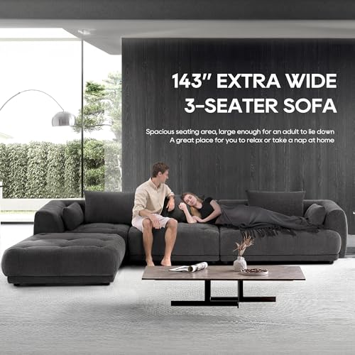 COLAMY 144" Cloud Sectional Couch with Ottoman,Modular Sectional Sofa with 3 Large Seat and 1 Movable Ottoman for Living Room,DIY Combination, Chenille, Gray