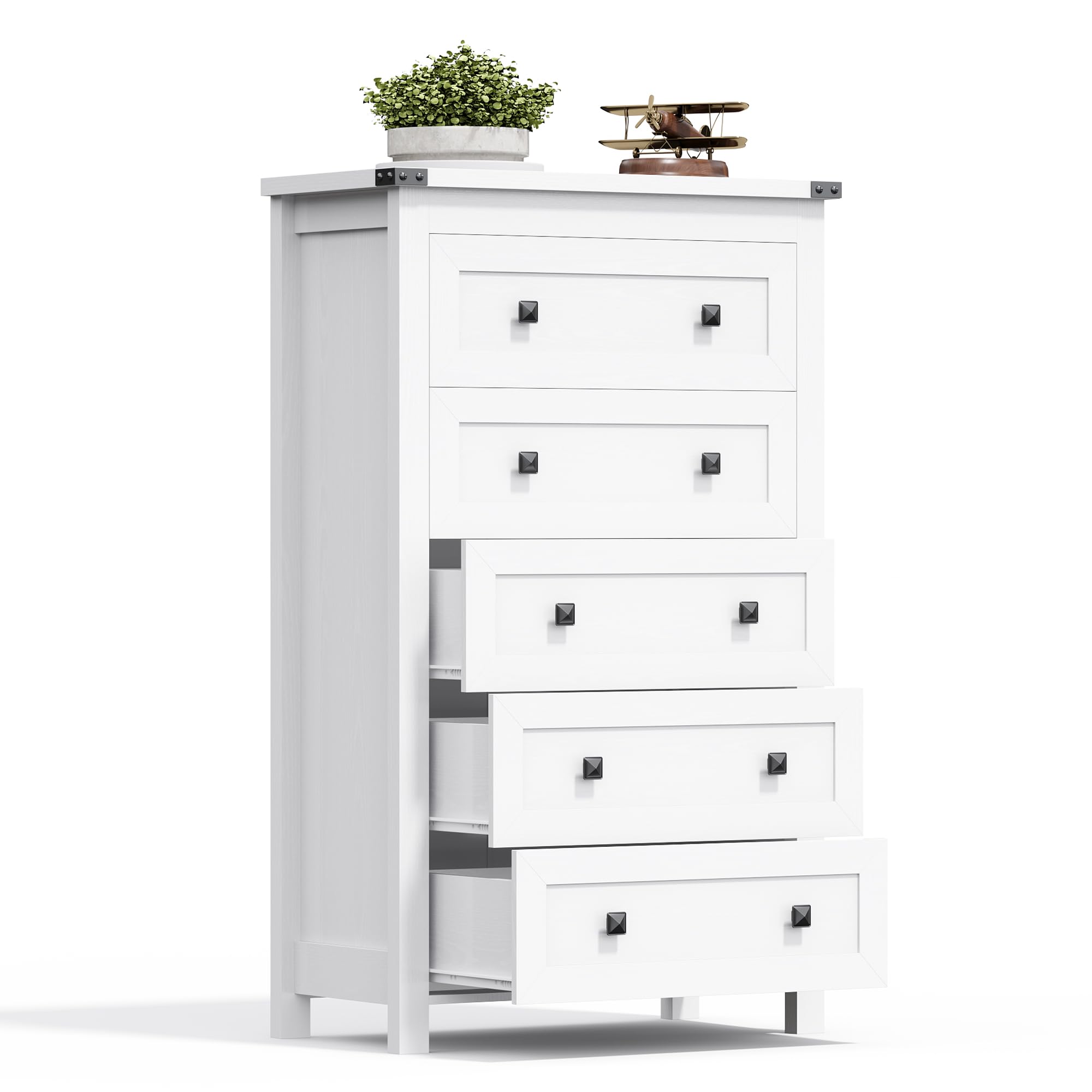 BORNOON Tall Dresser for Bedroom White Dresser with 5 Drawer Wood Storage Tower Chest Large Organizer Cabinet for Kids Room Living Room Hallway Entryway Closet Office