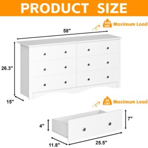 Furmax 6 Wood Drawers Dresser for Bedroom, Double Dresser for TV up to 65 inch, TV Stand Storage Chest of Drawers for Living Room Hallway Entryway (White)