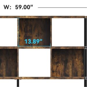 SOMEET 8 Cubes Open Bookshelf with Back Panel, Horizontal Organizer Cubby Storage Bookcase with Legs, Industrial Rustic Wood and Metal Long Display Cabinet Shelf for Living Room, Walnut Brown