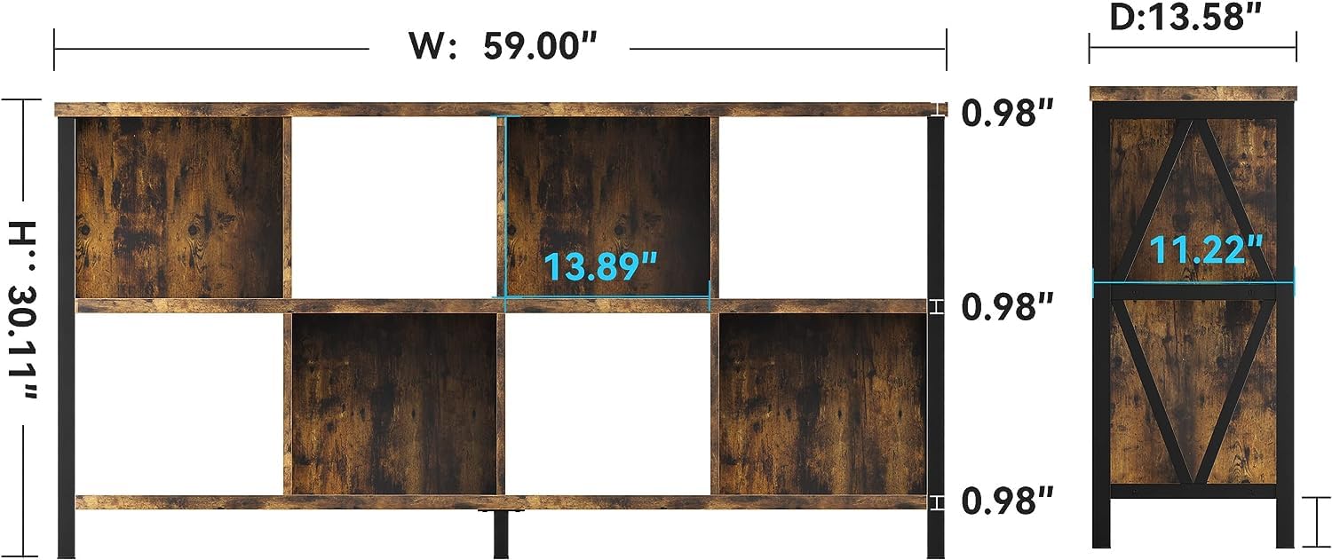 SOMEET 8 Cubes Open Bookshelf with Back Panel, Horizontal Organizer Cubby Storage Bookcase with Legs, Industrial Rustic Wood and Metal Long Display Cabinet Shelf for Living Room, Walnut Brown