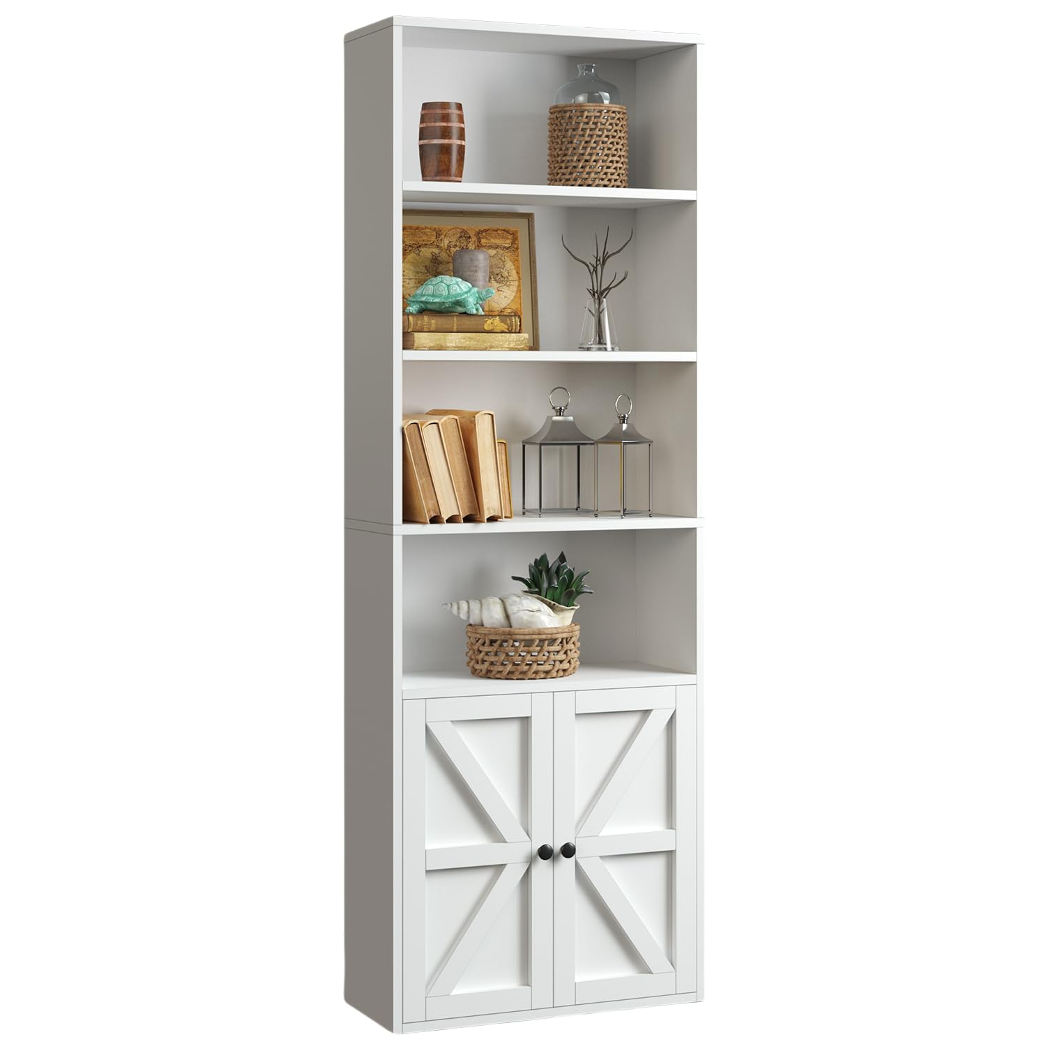 Breezestival 71" Tall Bookcase Bookshelf with Doors, 6-Tier Wooden Floor Standing Display Shelves Storage Cabinet, Home Decor Furniture for Home Office, Living Room, Bedroom, White