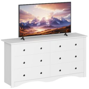 furmax 6 wood drawers dresser for bedroom, double dresser for tv up to 65 inch, tv stand storage chest of drawers for living room hallway entryway (white)