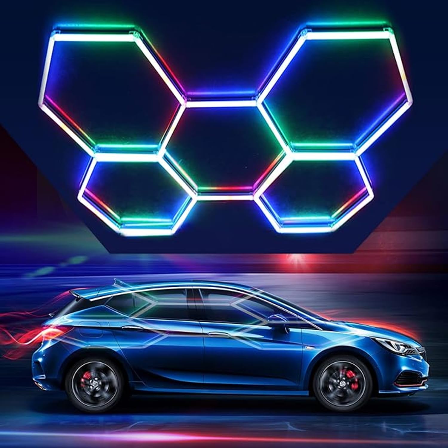 lylunnamsp RGB Hexagon Garage Lights, LED Garage Hexagon Lights, 6500K Super Bright Honeycomb Lights Ceiling for Garage, Warehouse, Car Detailing Shop, Exhibition Hall, Gym,Multi Colored,5 HEX