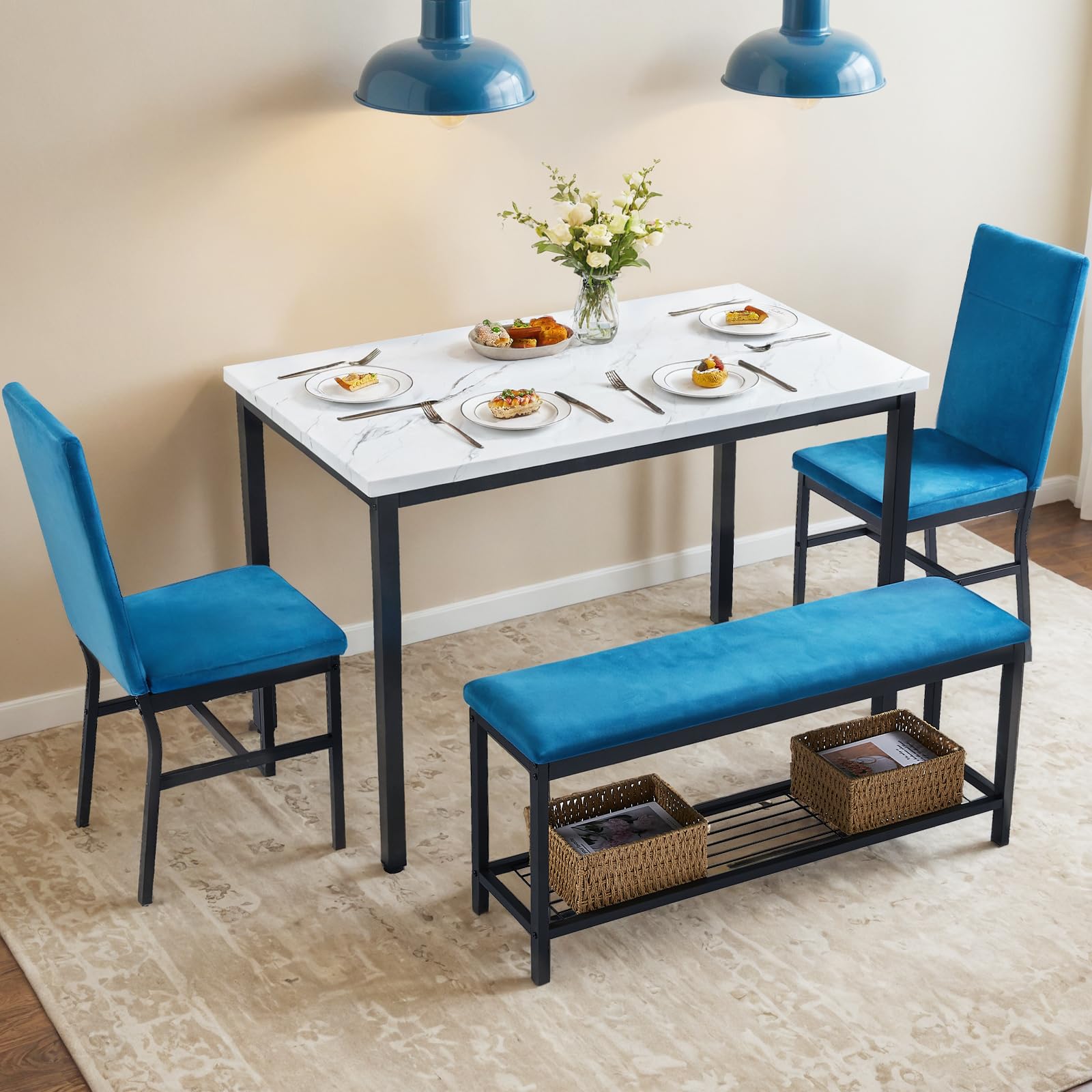 BTMWAY Dining Table Set for 4,47.2" Marble Grain Table,2 Upholstered Velvet Chairs with Reinforced Structure,1 Bench with Storage Metal Net,for Small Kitchen,Apartment Room (Blue)