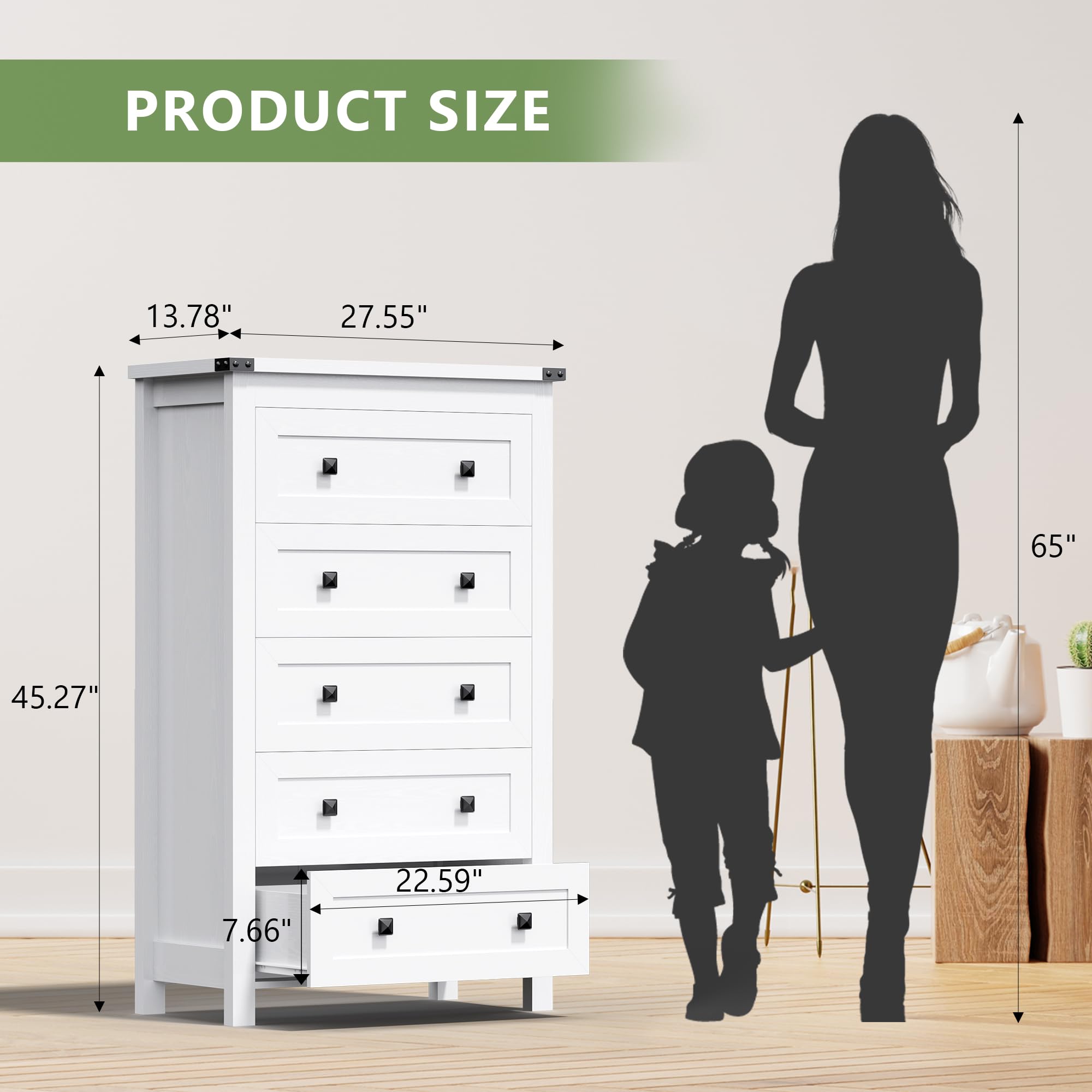 BORNOON Tall Dresser for Bedroom White Dresser with 5 Drawer Wood Storage Tower Chest Large Organizer Cabinet for Kids Room Living Room Hallway Entryway Closet Office