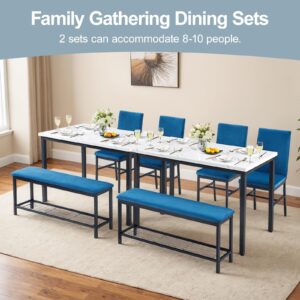 BTMWAY Dining Table Set for 4,47.2" Marble Grain Table,2 Upholstered Velvet Chairs with Reinforced Structure,1 Bench with Storage Metal Net,for Small Kitchen,Apartment Room (Blue)