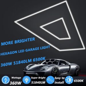 lylunnamsp Hexagon LED Garage Light: Higher Brightness 51840 Lumens Hexagon Garage Led Ceiling Light with 2 Rectangular Borders 6500K for Garage, Auto Beauty Shop, Car Detailing Shop etc,White