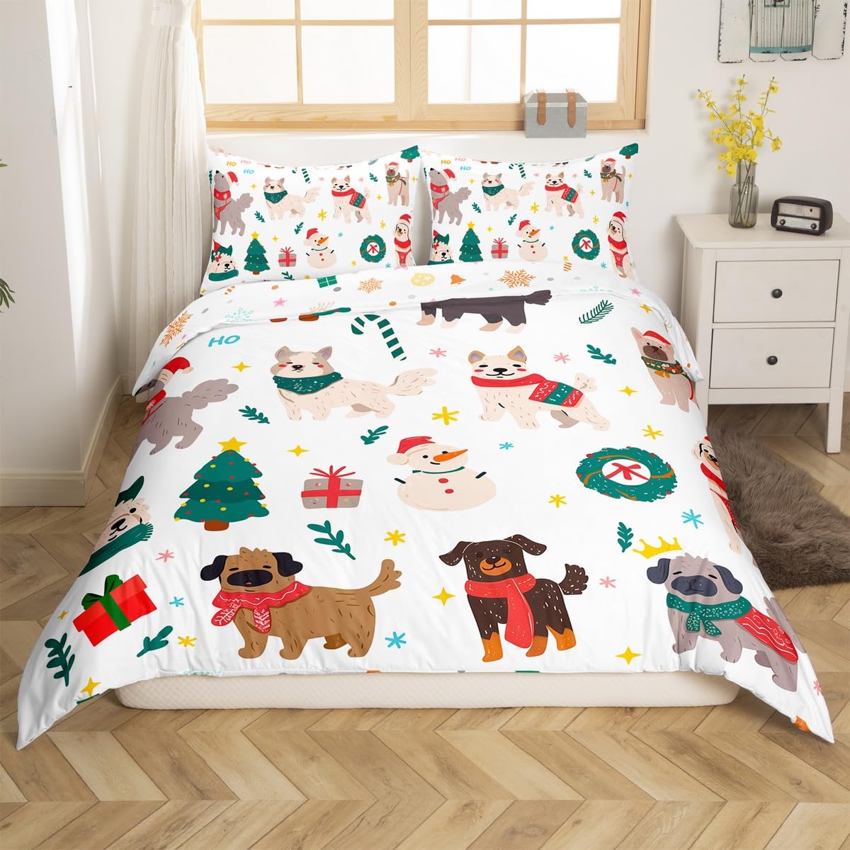 Erosebridal Merry Christmas Comforter Cover Twin Size Cartoon Dog Duvet Cover for Teens Kids Boys Room Decor Xmas Tree Snowman Bedding Set Cute Pug Puppy Animal Quilt Cover with 1 Pillow Case