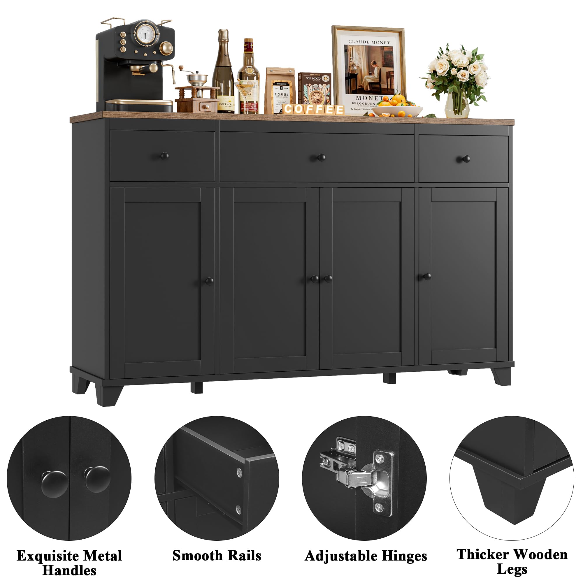 HIFIT 55" Large Kitchen Buffet Cabinet with Storage Drawers, Farmhouse Sideboard Buffet Table Storage Cabinet with Doors and Shelves, Wood Coffee Bar Cabinet for Kitchen Dining Living Room, Black