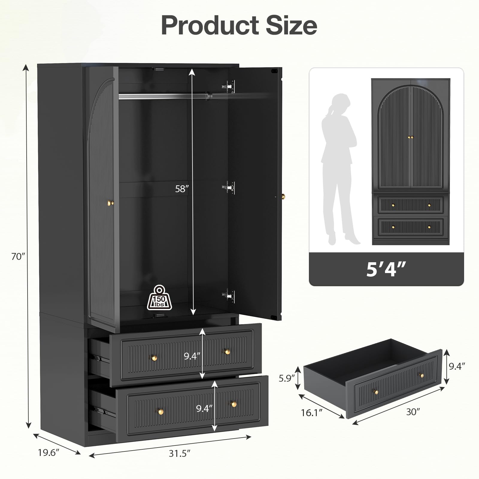 Buenhomino 71" Wardrobe Closet with 2 Door & 2 Drawer, Bedroom Wooden Armoire with Hanging Rod Shelf, Freestanding Large Capacity Clothing Wardrobe Cabinet w/Gold Handles for Bedroom - Black