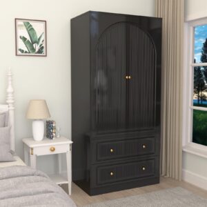 Buenhomino 71" Wardrobe Closet with 2 Door & 2 Drawer, Bedroom Wooden Armoire with Hanging Rod Shelf, Freestanding Large Capacity Clothing Wardrobe Cabinet w/Gold Handles for Bedroom - Black