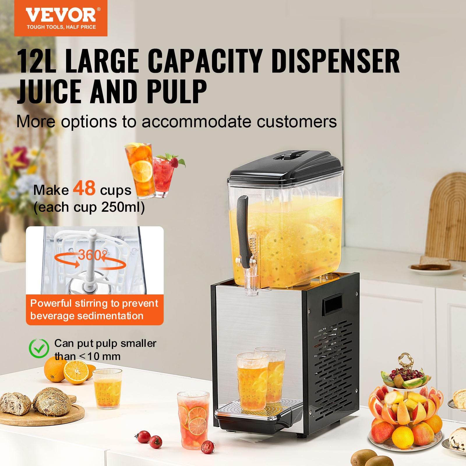 VEVOR Commercial Beverage Dispenser, 12 L / 12.7 QT Juice Dispenser, 246W 304 Stainless Steel Food Grade Ice Tea Drink Machine with 45°F-54°F Cooling Temperature, for Cold Drink Restaurant Bar Party