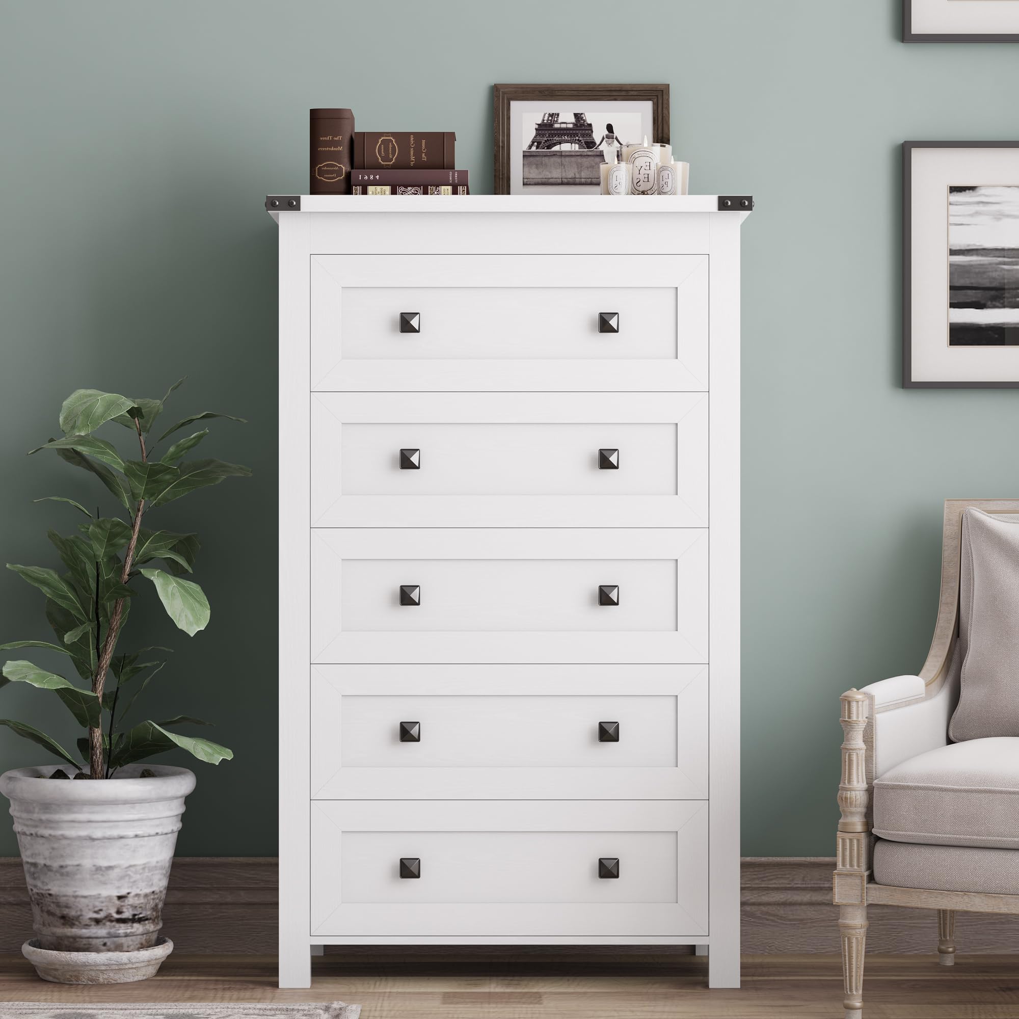 BORNOON Tall Dresser for Bedroom White Dresser with 5 Drawer Wood Storage Tower Chest Large Organizer Cabinet for Kids Room Living Room Hallway Entryway Closet Office