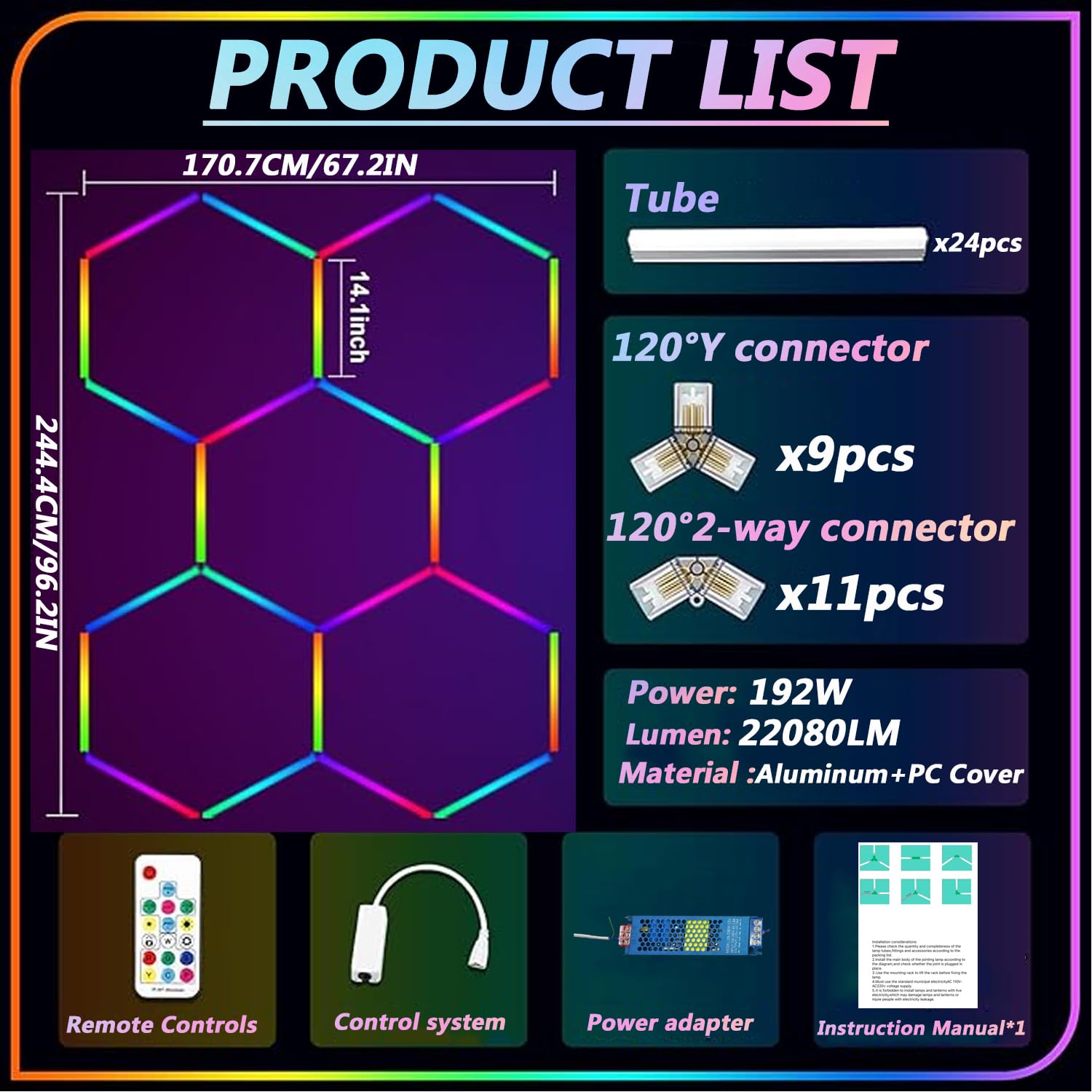 lylunnamsp RGB Hexagon Garage Lights, LED Garage Hexagon Lights, 6500K Super Bright Honeycomb Lights Ceiling for Garage, Warehouse, Car Detailing Shop, Exhibition Hall, Gym,Multi Colored,5 HEX