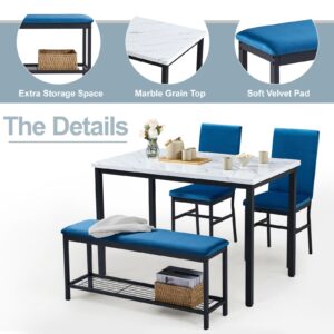 BTMWAY Dining Table Set for 4,47.2" Marble Grain Table,2 Upholstered Velvet Chairs with Reinforced Structure,1 Bench with Storage Metal Net,for Small Kitchen,Apartment Room (Blue)