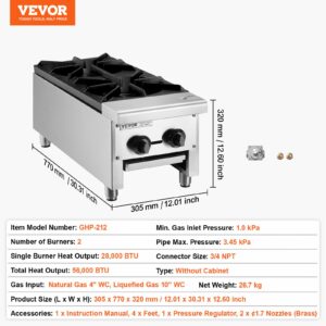 VEVOR Commercial Gas Stove with 2 Burners, Propane and Natural Gas Countertop Cooking Stove Range, Stainless Steel Gas Hot Plate, Commercial Cooking Equipment for Restaurant, 56,000 BTU