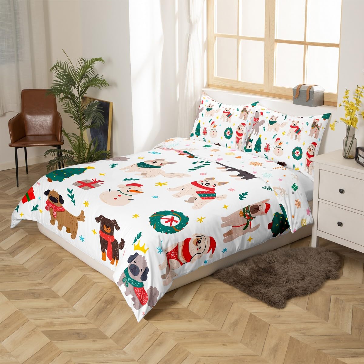 Erosebridal Merry Christmas Comforter Cover Twin Size Cartoon Dog Duvet Cover for Teens Kids Boys Room Decor Xmas Tree Snowman Bedding Set Cute Pug Puppy Animal Quilt Cover with 1 Pillow Case