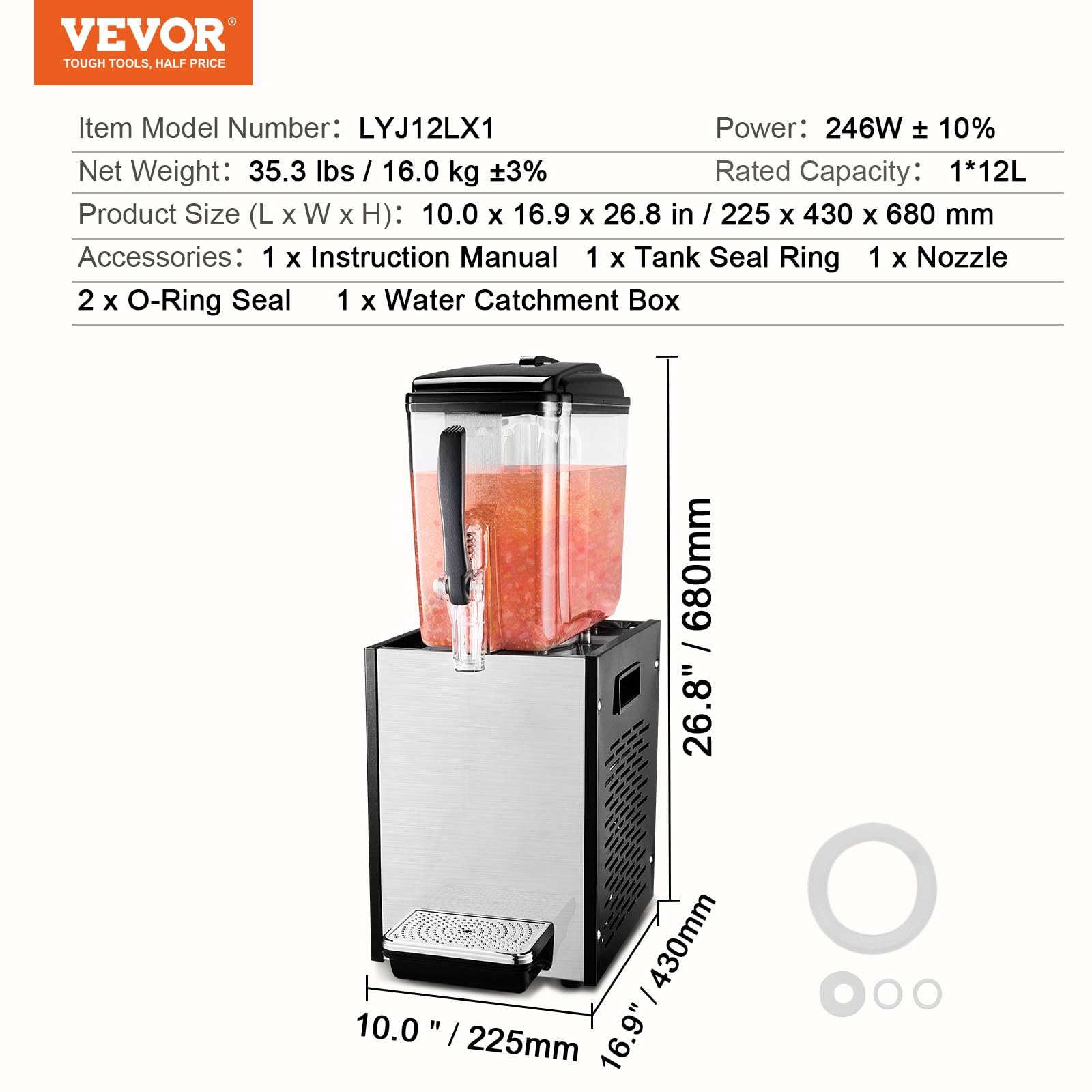 VEVOR Commercial Beverage Dispenser, 12 L / 12.7 QT Juice Dispenser, 246W 304 Stainless Steel Food Grade Ice Tea Drink Machine with 45°F-54°F Cooling Temperature, for Cold Drink Restaurant Bar Party