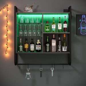 Furnihold Floating Shelves for Wall, 34'' LED Display Shelves Wall Mounted with Adjustable Glass Shelf, 3 Tier Wood Hanging Shelves with 6 Hooks, Gaming Room Shlef, Kitchen Coffee Bar, Charcoal Black