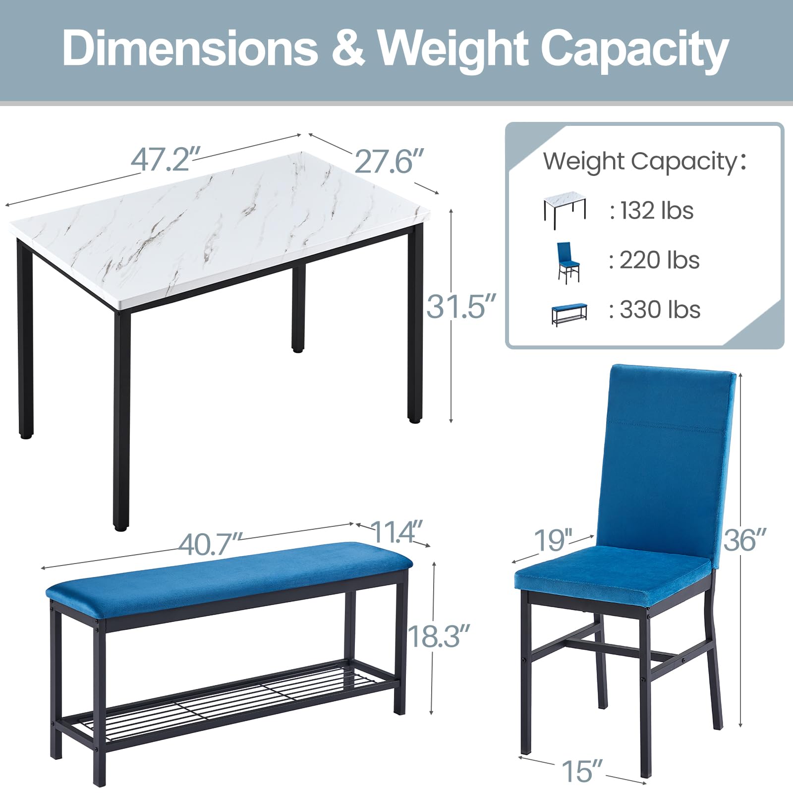 BTMWAY Dining Table Set for 4,47.2" Marble Grain Table,2 Upholstered Velvet Chairs with Reinforced Structure,1 Bench with Storage Metal Net,for Small Kitchen,Apartment Room (Blue)