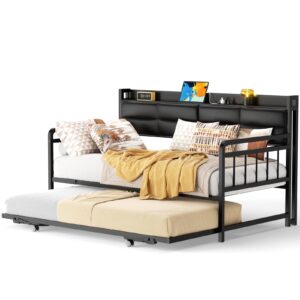 homieasy daybed with upholstered headboard and charging station, twin day bed with trundle, sturdy metal pop-up trundle bed for living room, bedroom and guest room, black