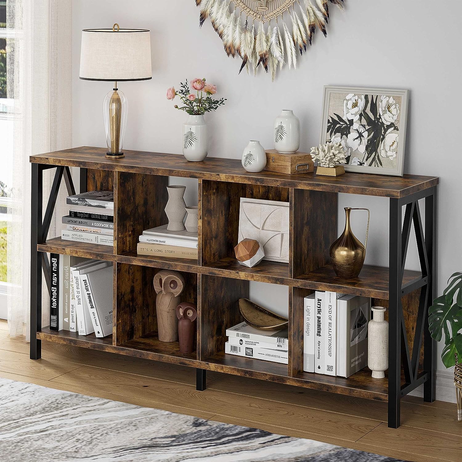 SOMEET 8 Cubes Open Bookshelf with Back Panel, Horizontal Organizer Cubby Storage Bookcase with Legs, Industrial Rustic Wood and Metal Long Display Cabinet Shelf for Living Room, Walnut Brown