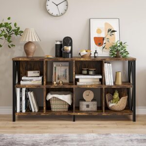 SOMEET 8 Cubes Open Bookshelf with Back Panel, Horizontal Organizer Cubby Storage Bookcase with Legs, Industrial Rustic Wood and Metal Long Display Cabinet Shelf for Living Room, Walnut Brown