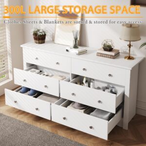 Furmax 6 Wood Drawers Dresser for Bedroom, Double Dresser for TV up to 65 inch, TV Stand Storage Chest of Drawers for Living Room Hallway Entryway (White)