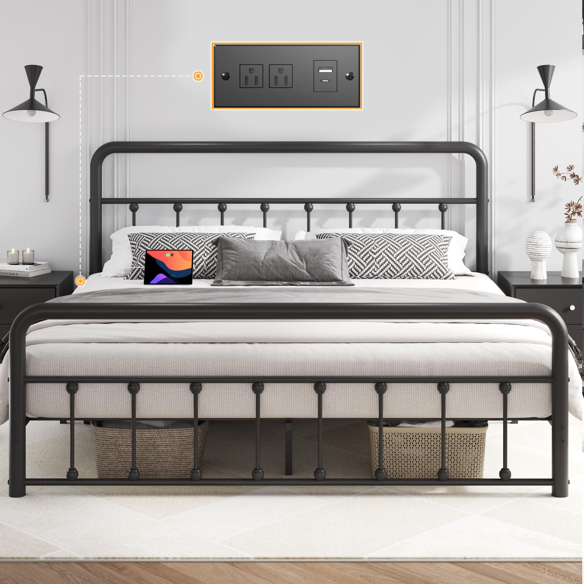 Fluest Queen Bed Frame with Headboard & Footboard, Bed Frame with Charging Station & LED, Metal Platform, Under Bed Storage, No Box Spring Needed, Noise Free, Easy Assembly, Black