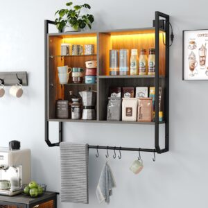 Furnihold Floating Shelves for Wall, 34'' LED Display Shelves Wall Mounted with Adjustable Glass Shelf, 3 Tier Wood Hanging Shelves with 6 Hooks, Gaming Room Shlef, Kitchen Coffee Bar, Charcoal Black