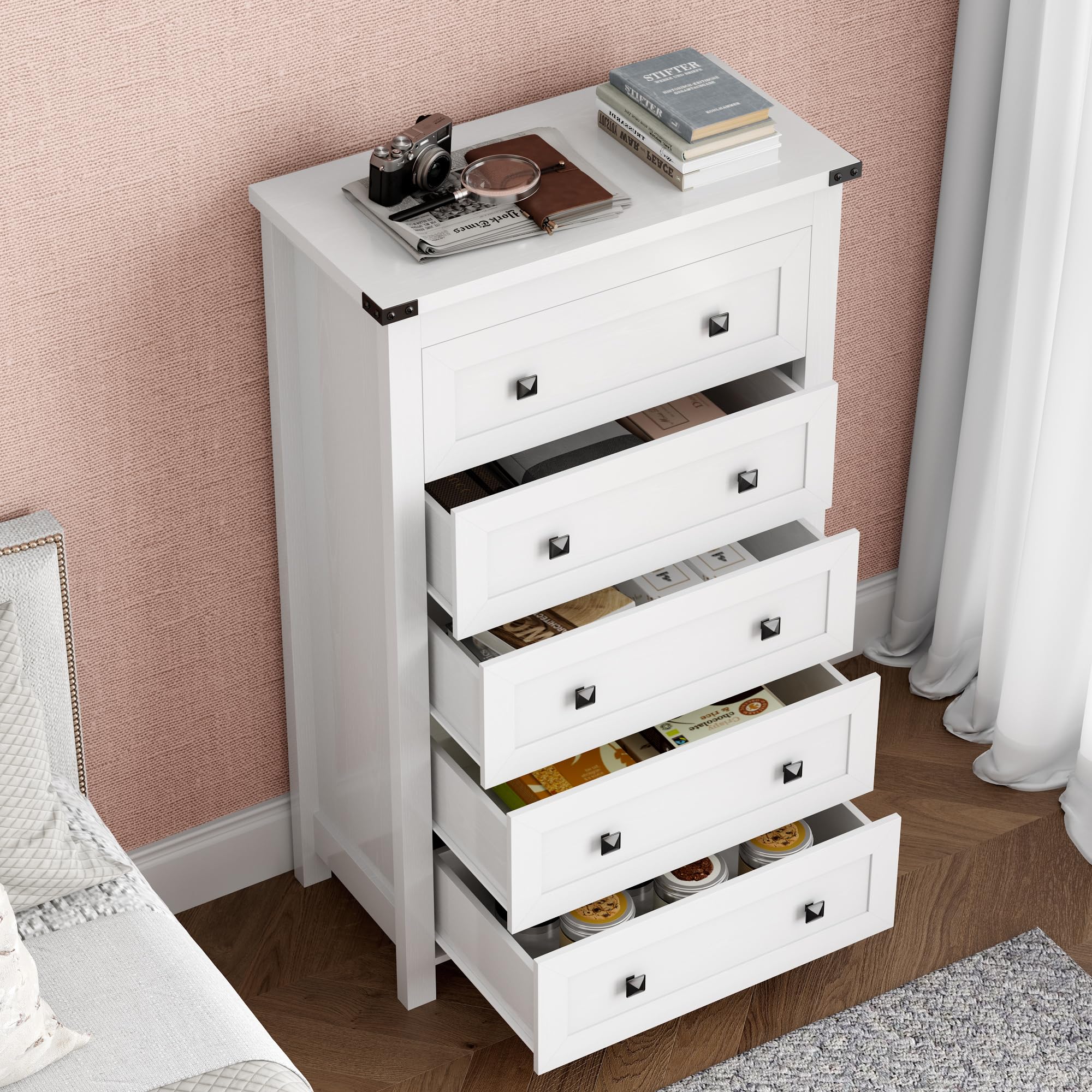 BORNOON Tall Dresser for Bedroom White Dresser with 5 Drawer Wood Storage Tower Chest Large Organizer Cabinet for Kids Room Living Room Hallway Entryway Closet Office