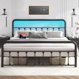 fluest queen bed frame with headboard & footboard, bed frame with charging station & led, metal platform, under bed storage, no box spring needed, noise free, easy assembly, black