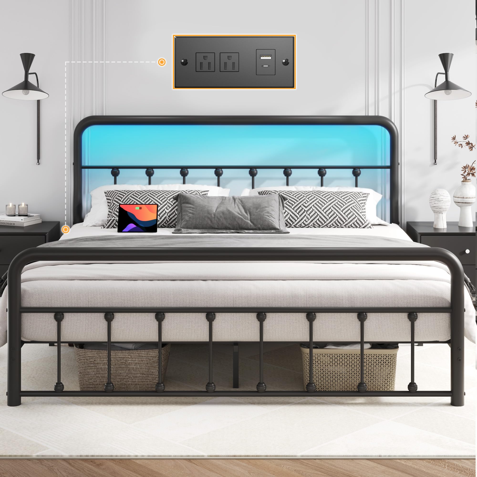 Fluest Queen Bed Frame with Headboard & Footboard, Bed Frame with Charging Station & LED, Metal Platform, Under Bed Storage, No Box Spring Needed, Noise Free, Easy Assembly, Black