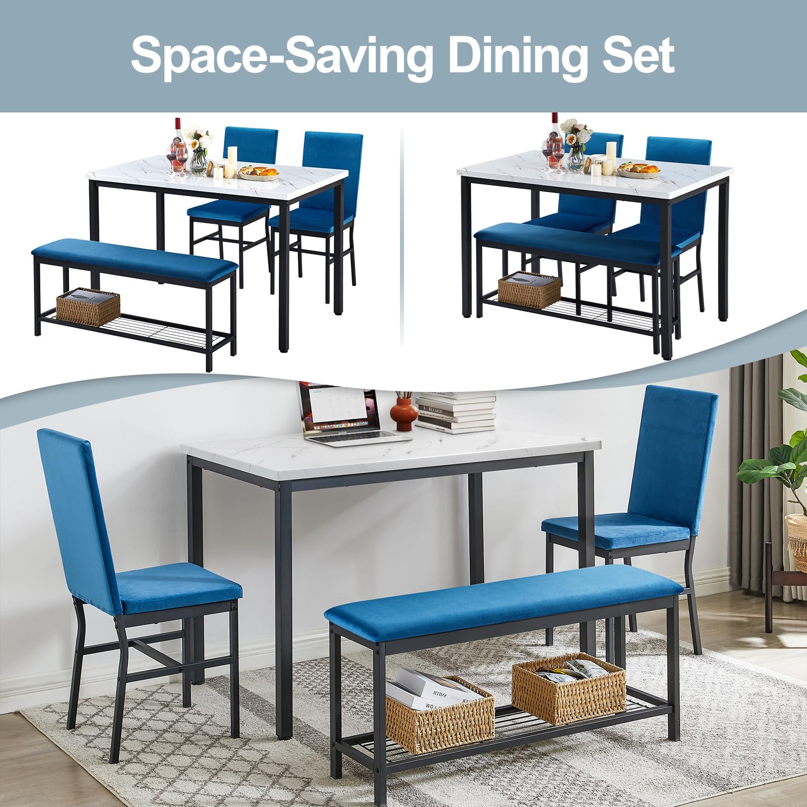 BTMWAY Dining Table Set for 4,47.2" Marble Grain Table,2 Upholstered Velvet Chairs with Reinforced Structure,1 Bench with Storage Metal Net,for Small Kitchen,Apartment Room (Blue)