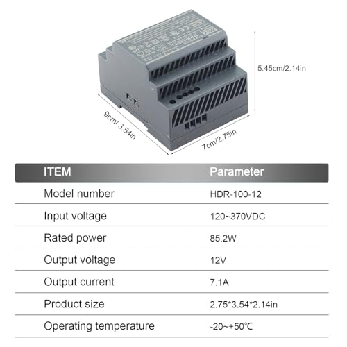 TorqCali HDR-100-12 85W Slim DIN Rail Power Supply 12V 7.1A with Universal Input for Industrial Automation, Building Automation, and Home Automation