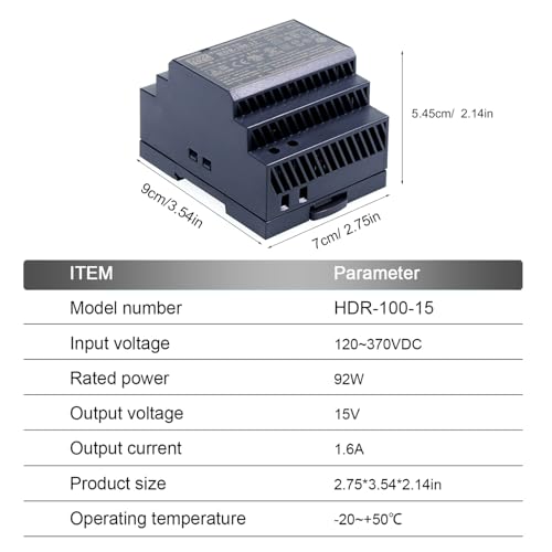 TorqCali HDR-100-15 85W Slim DIN Rail Power Supply 15V 6.13A Universal Input for Industrial Automation, Building Automation, and Home Automation