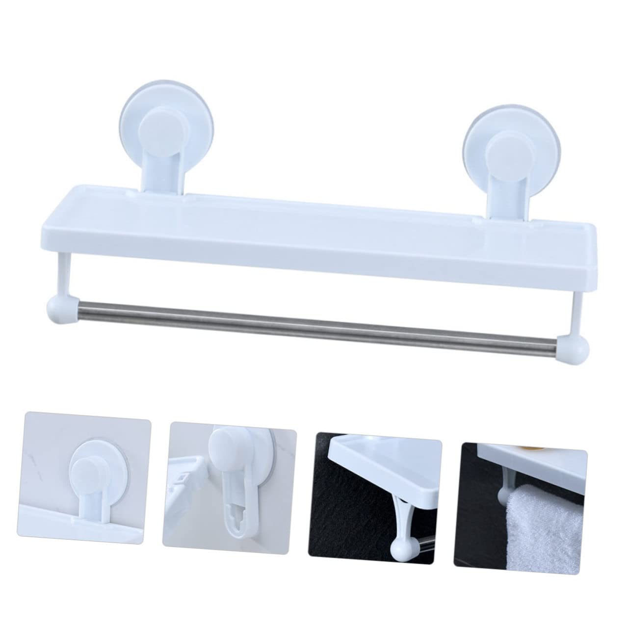 FONDOTIN 1pc Storage Rack Suction Cup Kitchen Rail White Storage Shelf Hanging Holder Wall Shelf Kitchen Storage Bathroom Shelf Organizer Door Adhesive Towel Bar Bathroom Storage Basket