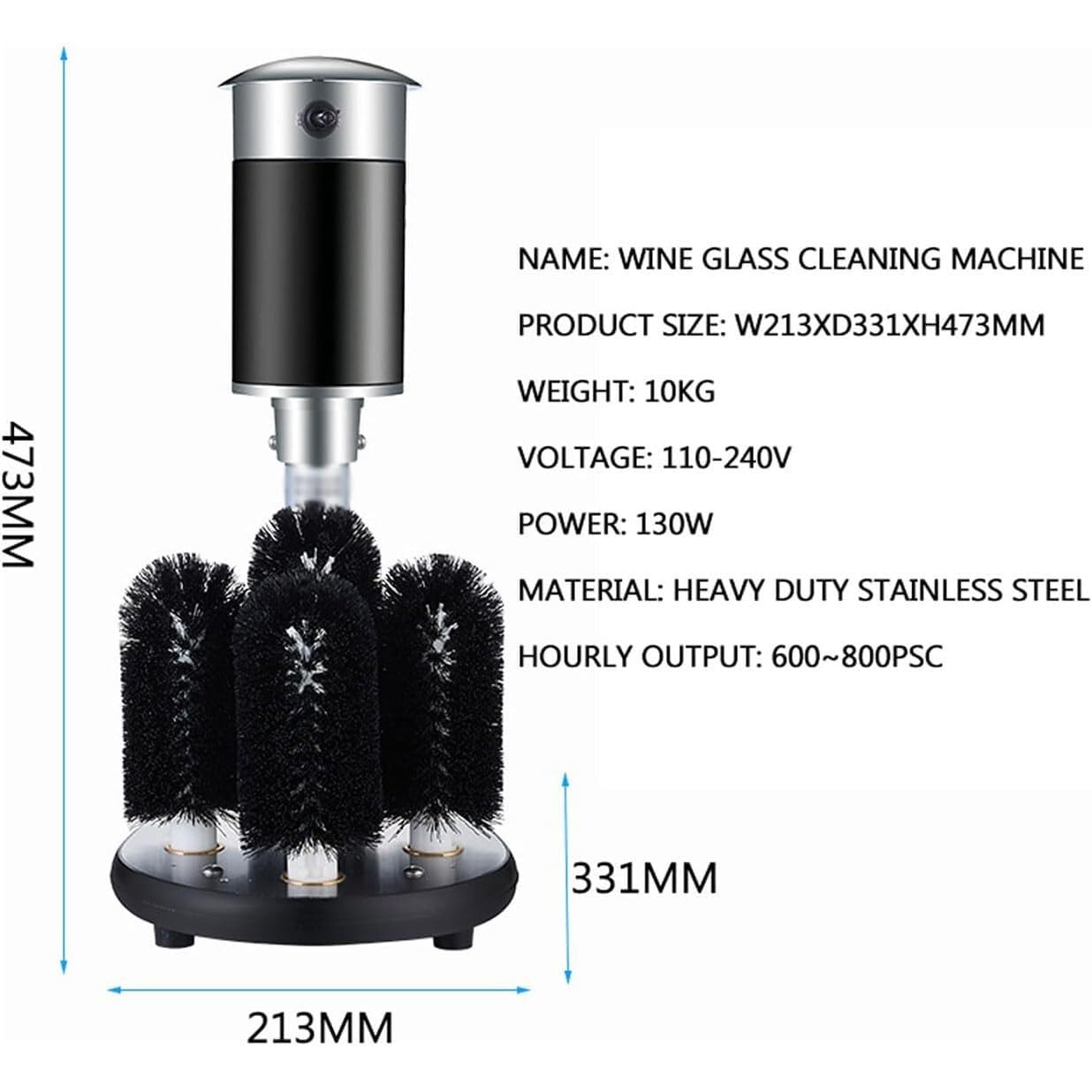 Electric Glass Washer，5-Brush Commercial Automatic Glass Cleaning Machine, for Long Leg Cup, Red Wine Glass, Bar Kitchen Sink, 600-800 Cups/Hour